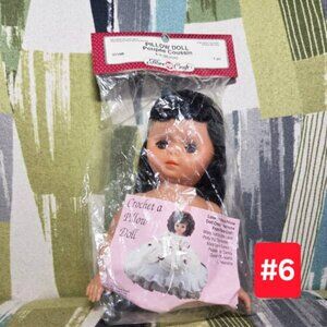 Vtg Fibre Craft Doll Pillow Doll 8" Tall Poupee Coussin Brown Hair Brown Eyes